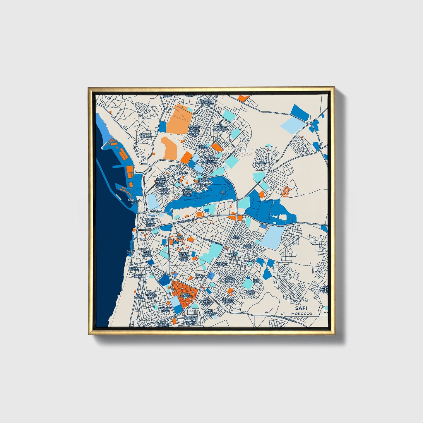 Safi Morocco Colorful City Map Canvas Print • Gold Framed
