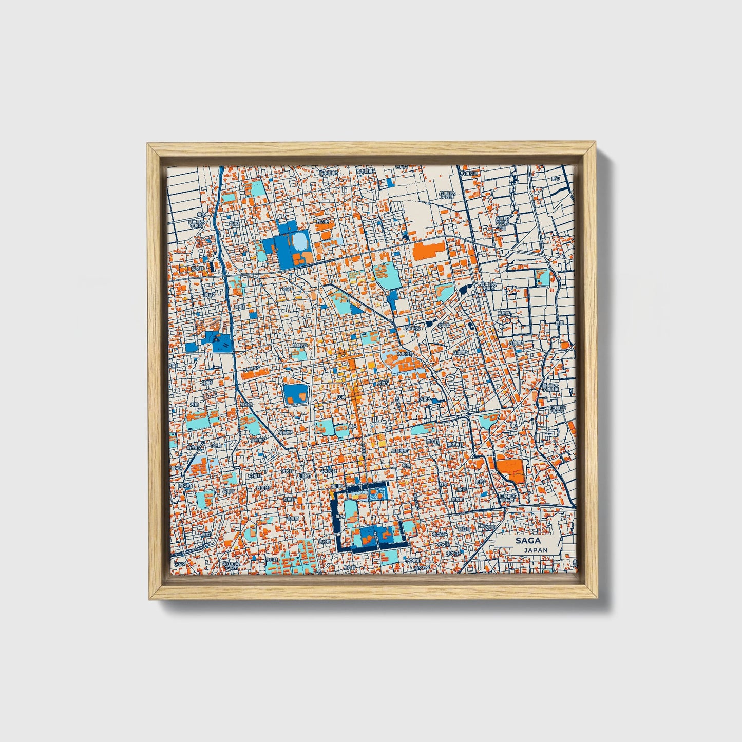 Saga Japan Colorful City Map Canvas Print • Natural Wooden Framed