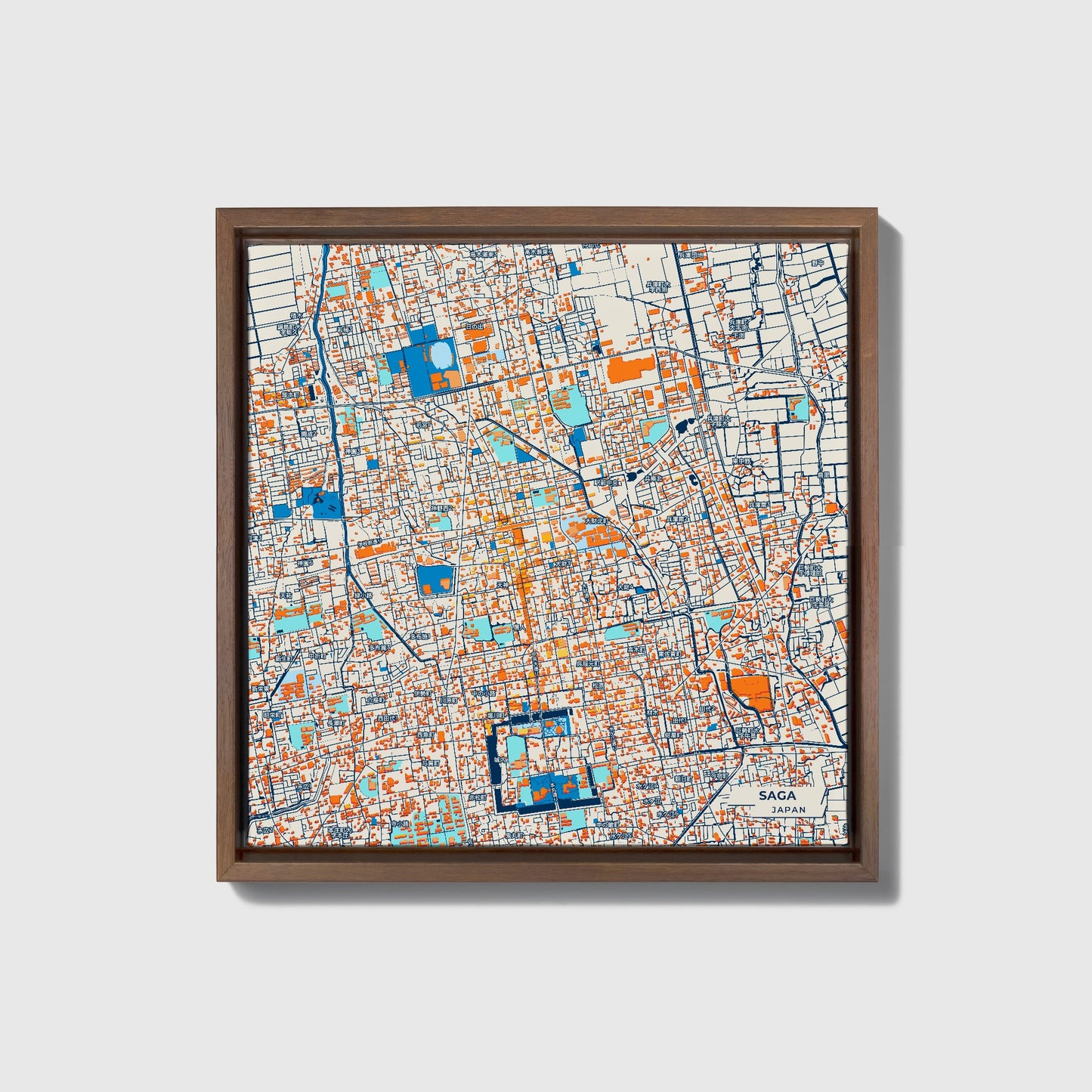 Saga Japan Colorful City Map Canvas Print • Dark Wooden Framed