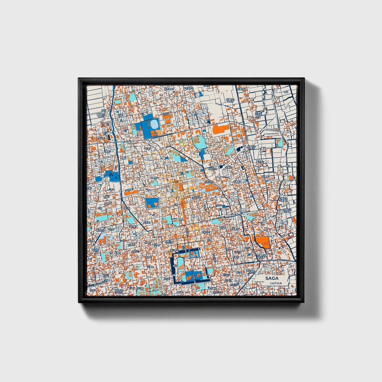 Saga Japan Colorful City Map Canvas Print • Black Framed