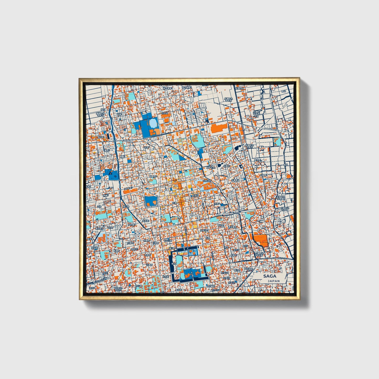 Saga Japan Colorful City Map Canvas Print • Gold Framed