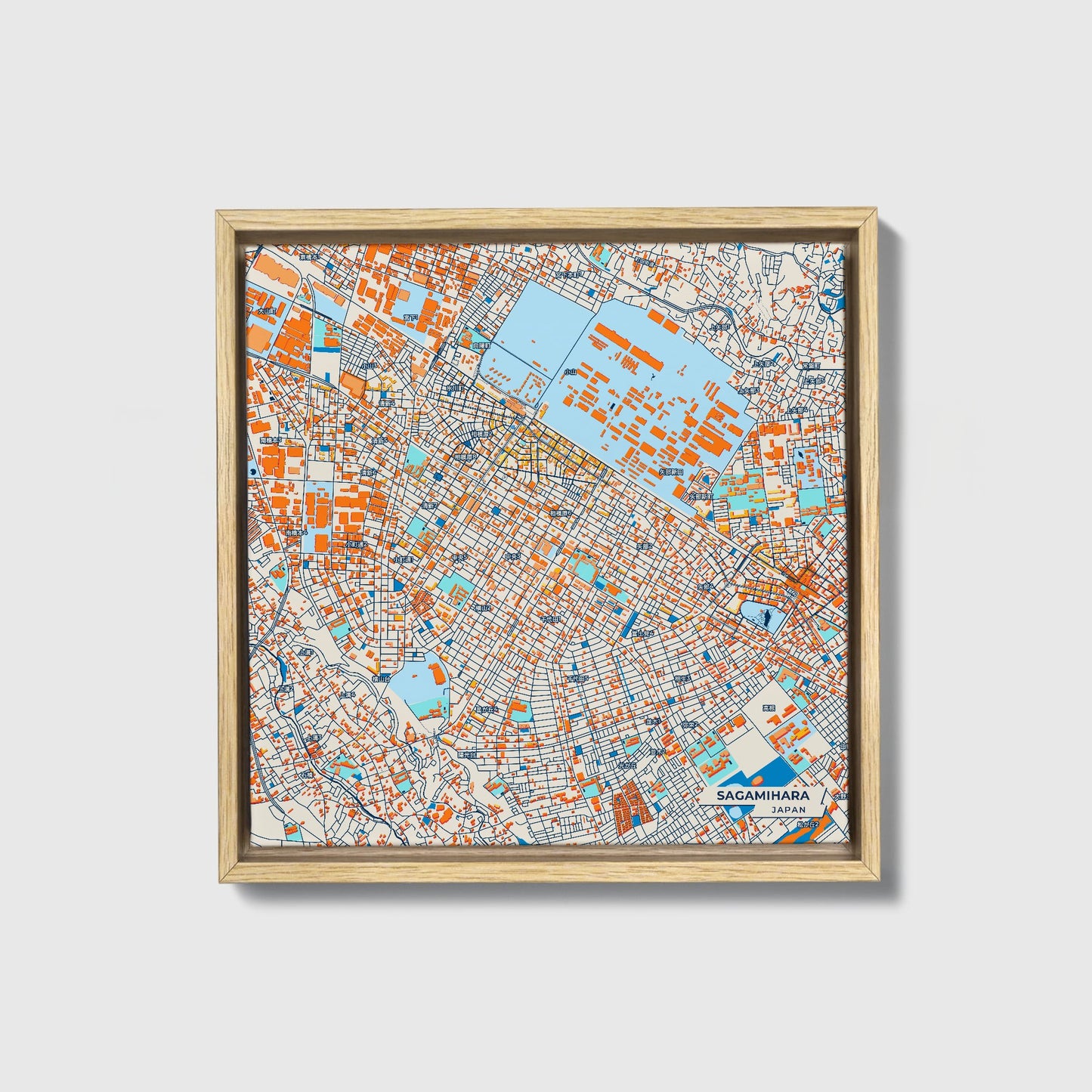 Sagamihara Japan Colorful City Map Canvas Print • Natural Wooden Framed