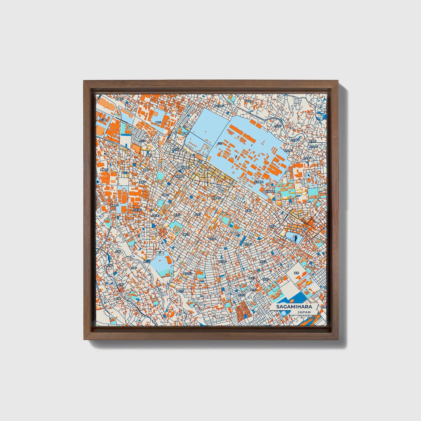 Sagamihara Japan Colorful City Map Canvas Print • Dark Wooden Framed