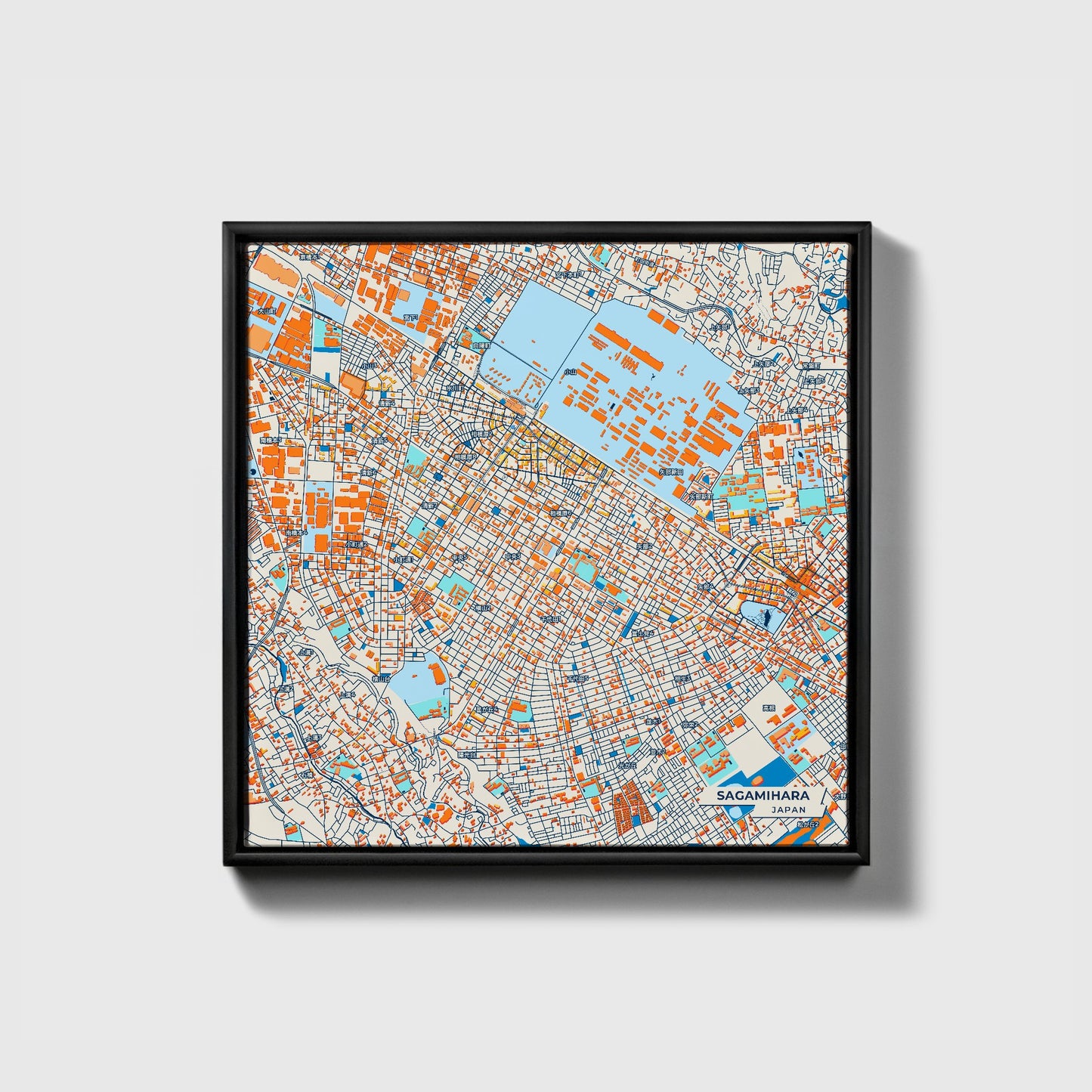 Sagamihara Japan Colorful City Map Canvas Print • Black Framed