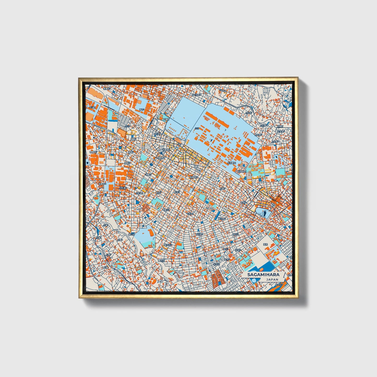 Sagamihara Japan Colorful City Map Canvas Print • Gold Framed