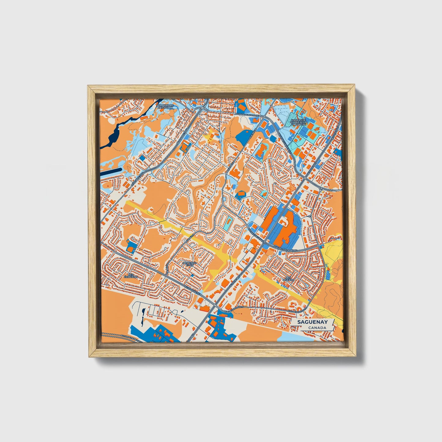 Saguenay Canada Colorful City Map Canvas Print • Natural Wooden Framed