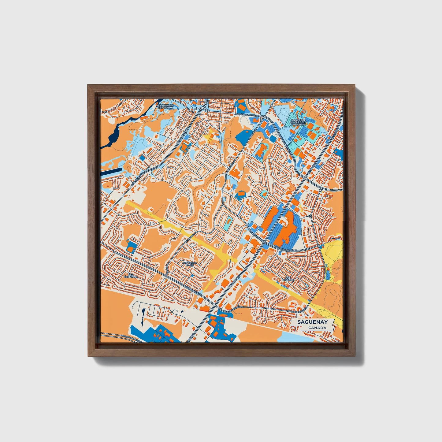Saguenay Canada Colorful City Map Canvas Print • Dark Wooden Framed