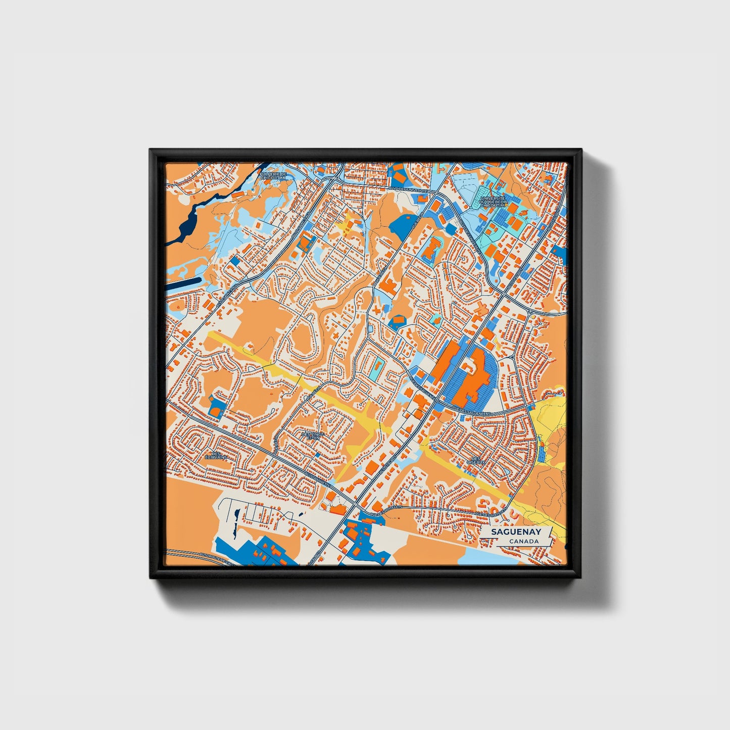 Saguenay Canada Colorful City Map Canvas Print • Black Framed