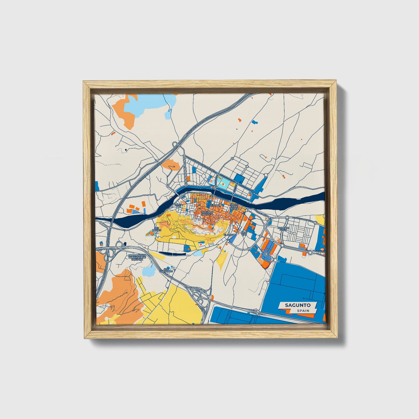 Sagunto Spain Colorful City Map Canvas Print • Natural Wooden Framed
