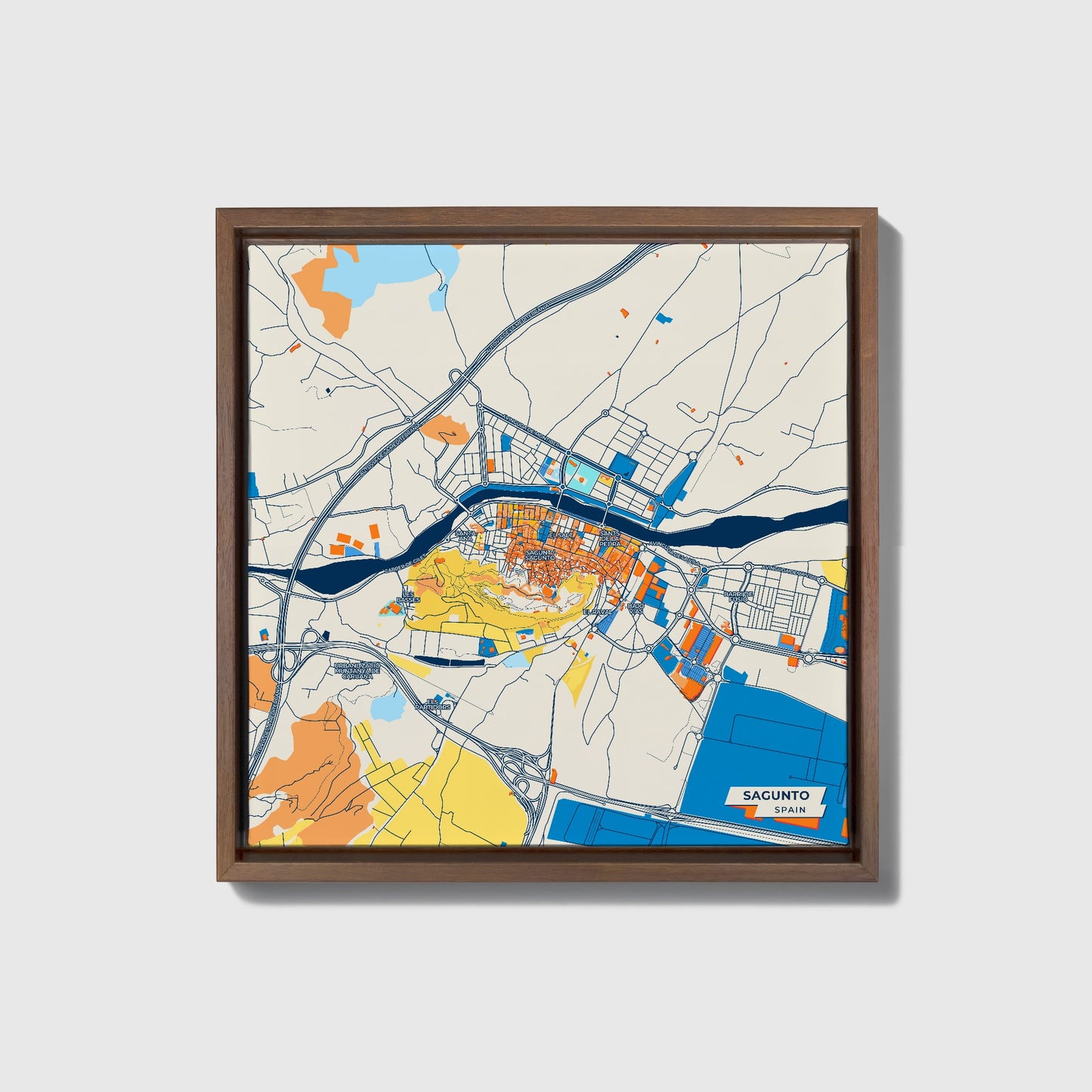 Sagunto Spain Colorful City Map Canvas Print • Dark Wooden Framed
