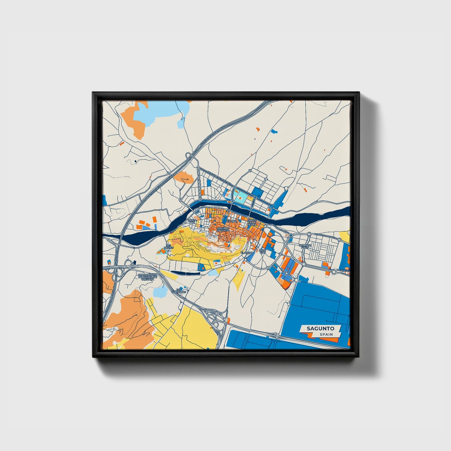 Sagunto Spain Colorful City Map Canvas Print • Black Framed