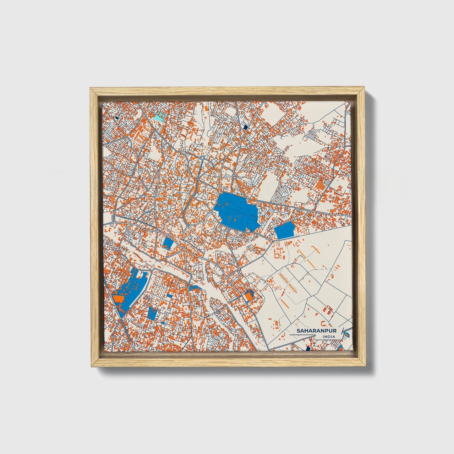 Saharanpur India Colorful City Map Canvas Print • Natural Wooden Framed