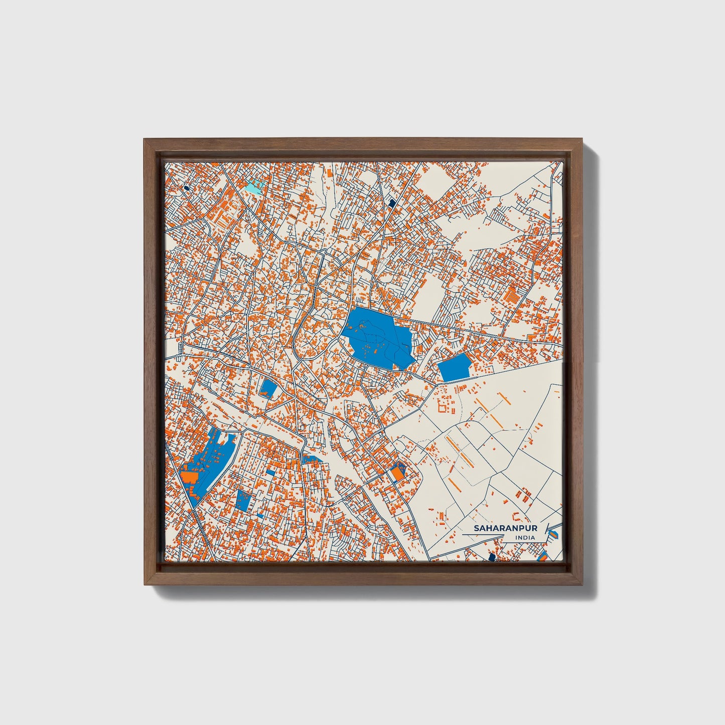 Saharanpur India Colorful City Map Canvas Print • Dark Wooden Framed