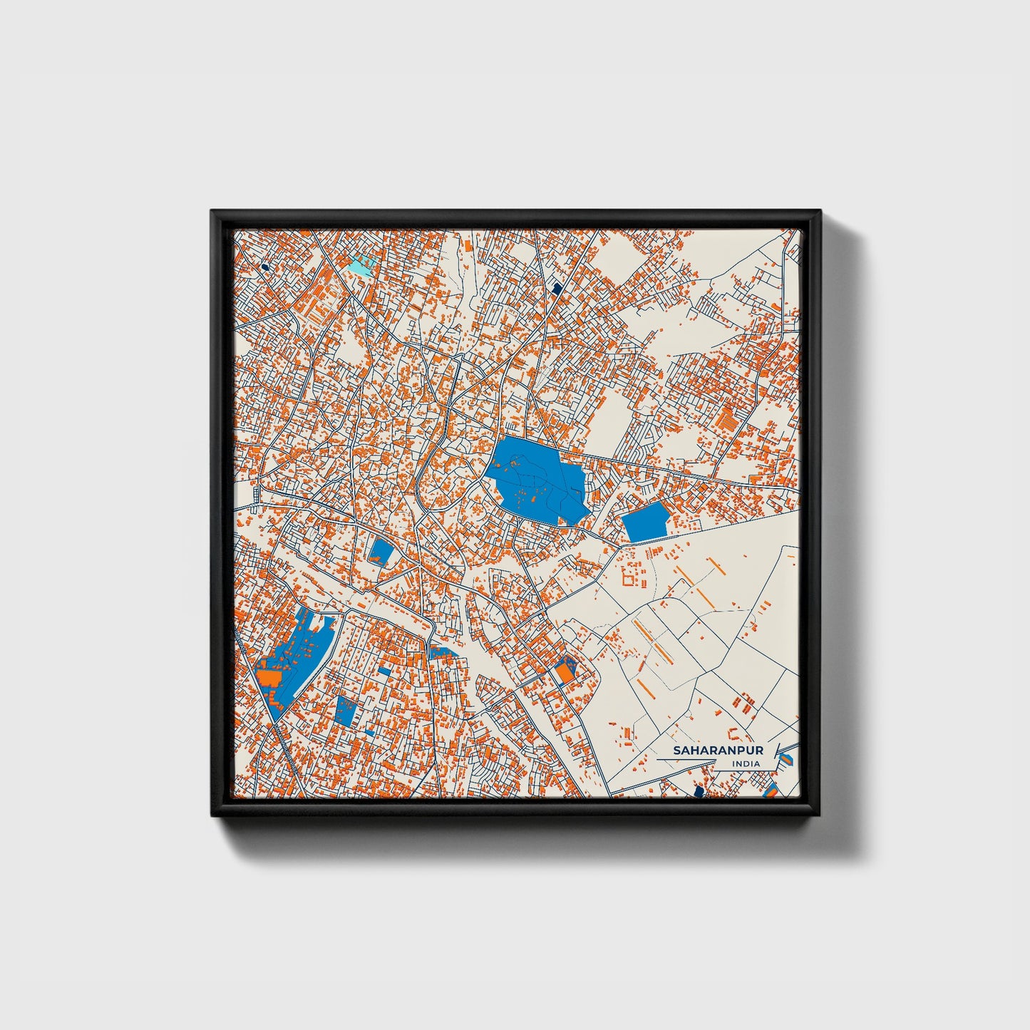 Saharanpur India Colorful City Map Canvas Print • Black Framed