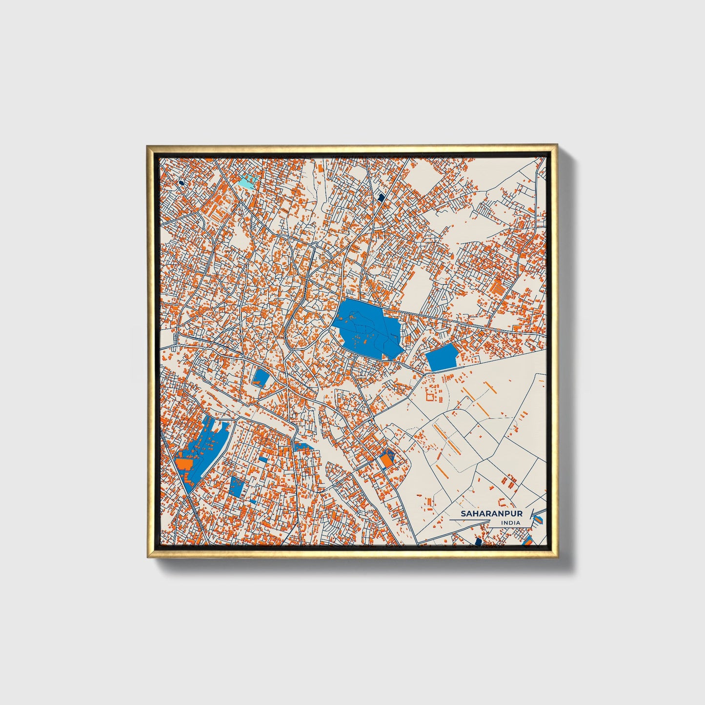 Saharanpur India Colorful City Map Canvas Print • Gold Framed