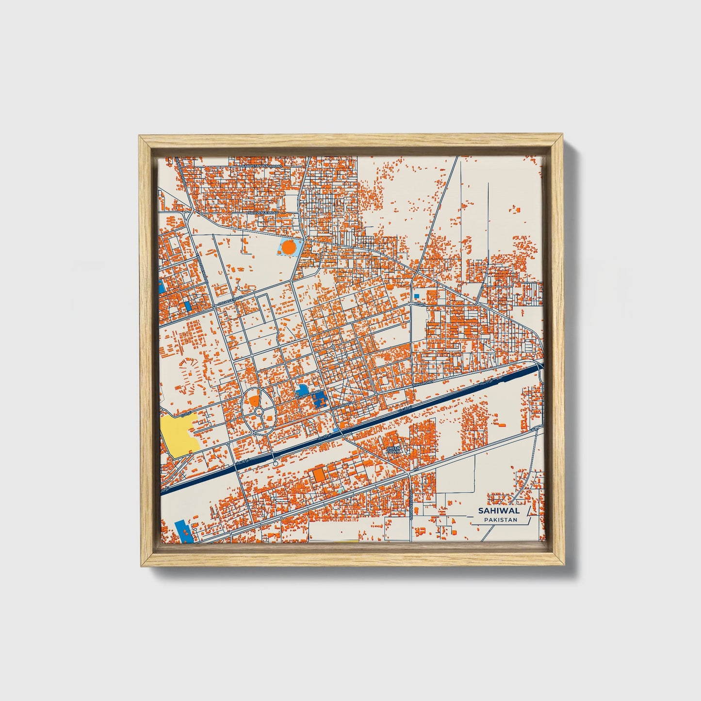 Sahiwal Pakistan Colorful City Map Canvas Print • Natural Wooden Framed