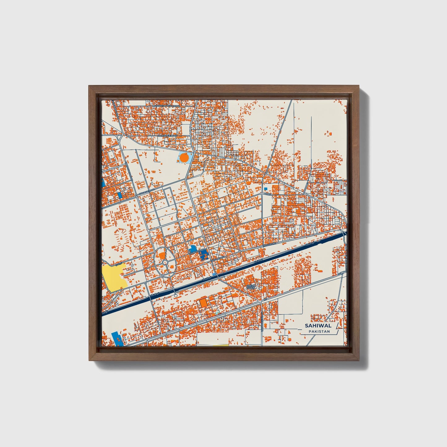 Sahiwal Pakistan Colorful City Map Canvas Print • Dark Wooden Framed