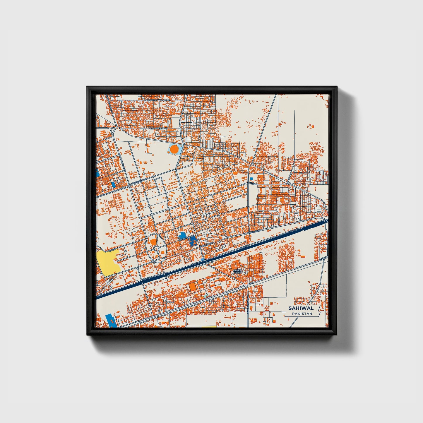 Sahiwal Pakistan Colorful City Map Canvas Print • Black Framed
