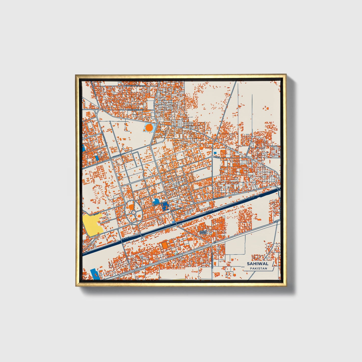 Sahiwal Pakistan Colorful City Map Canvas Print • Gold Framed