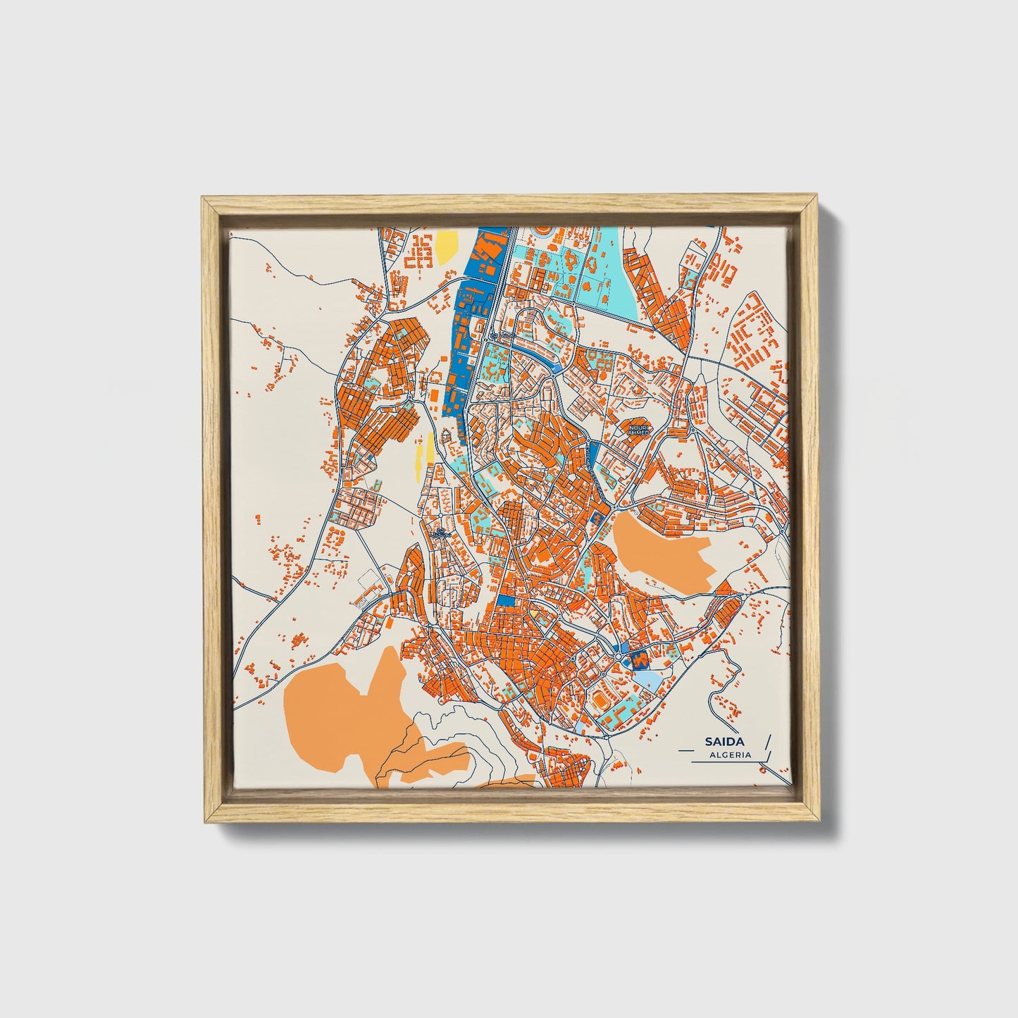 Saida Algeria Colorful City Map Canvas Print • Natural Wooden Framed