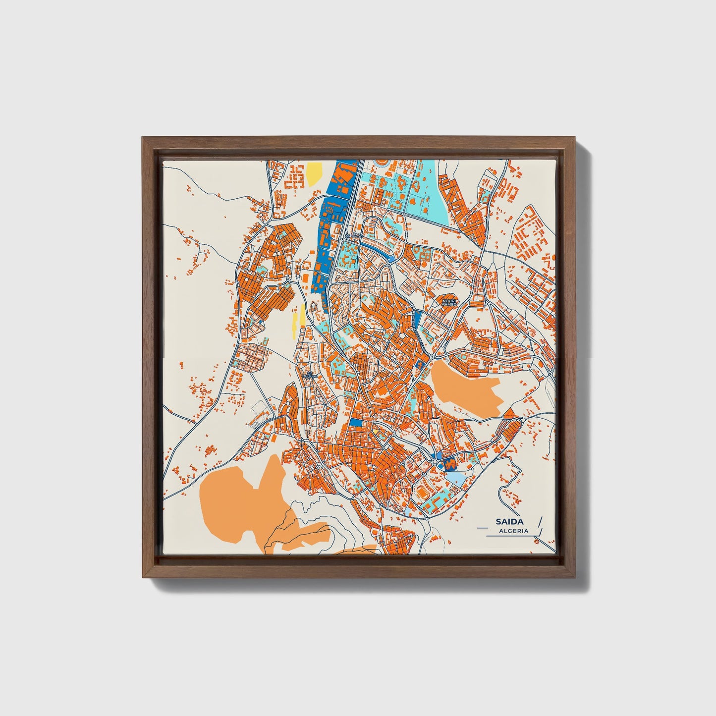 Saida Algeria Colorful City Map Canvas Print • Dark Wooden Framed