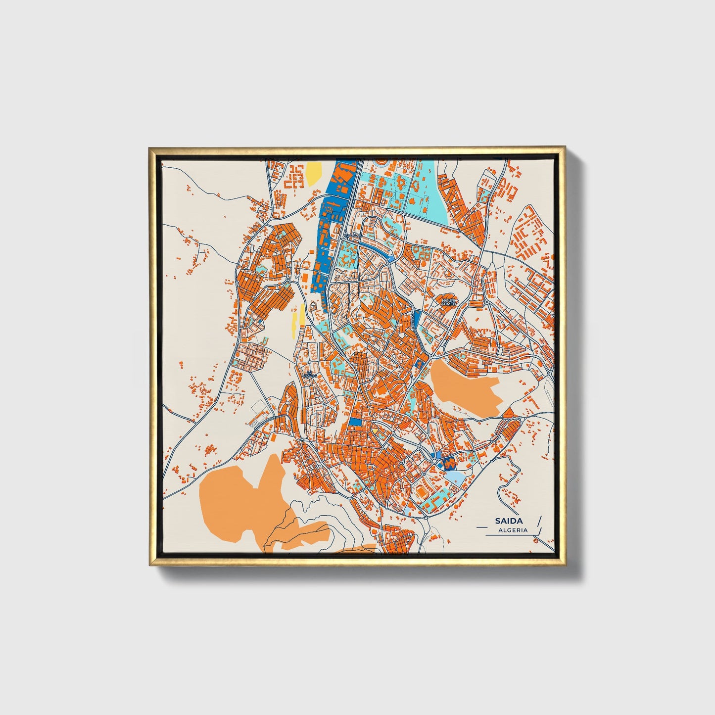 Saida Algeria Colorful City Map Canvas Print • Gold Framed
