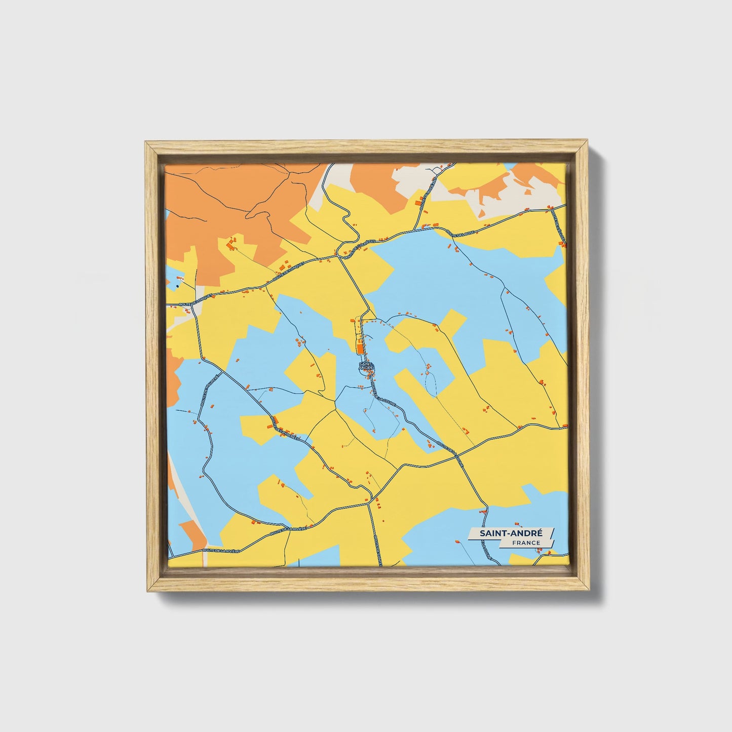 Saint-André France Colorful City Map Canvas Print • Natural Wooden Framed