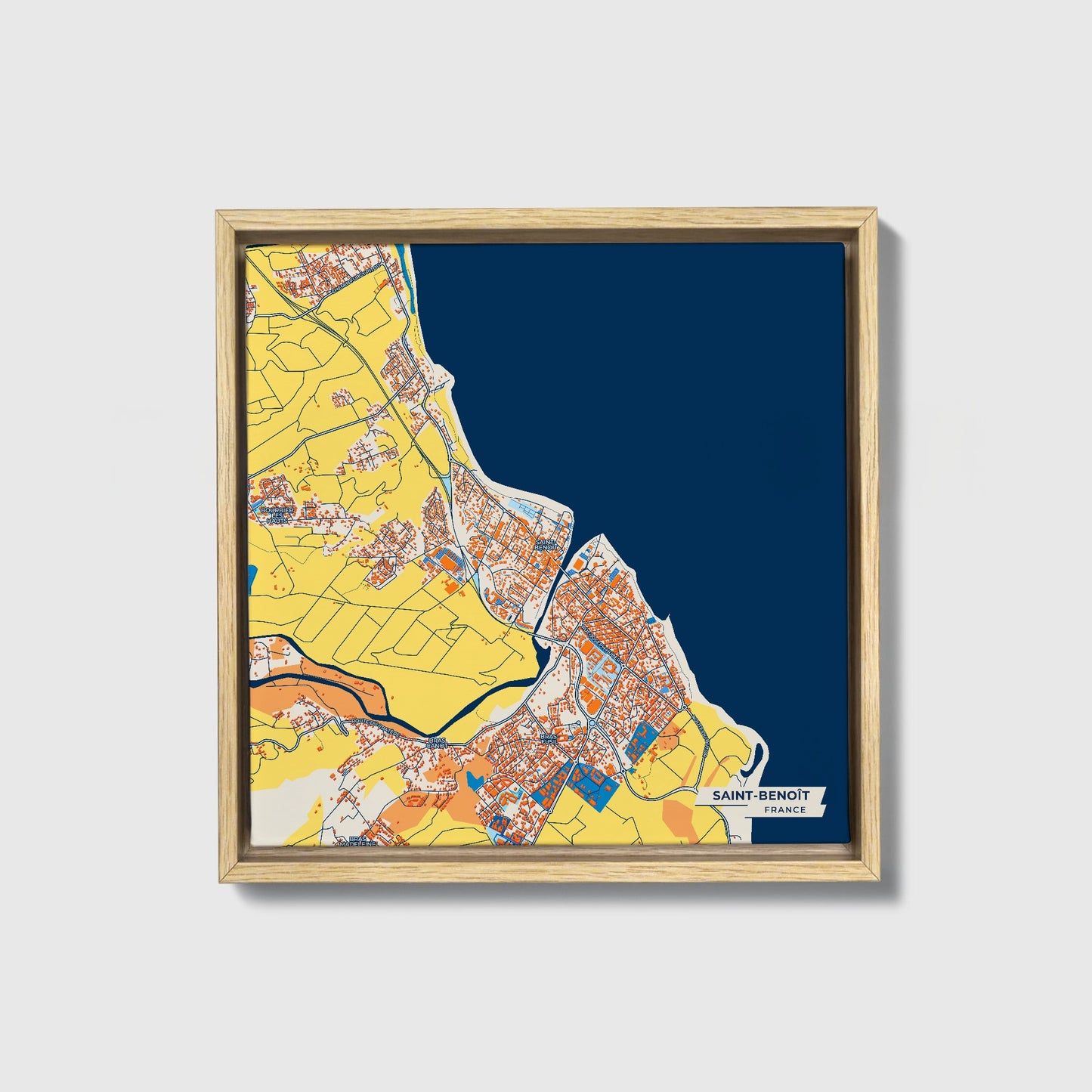 Saint-Benoît France Colorful City Map Canvas Print • Natural Wooden Framed