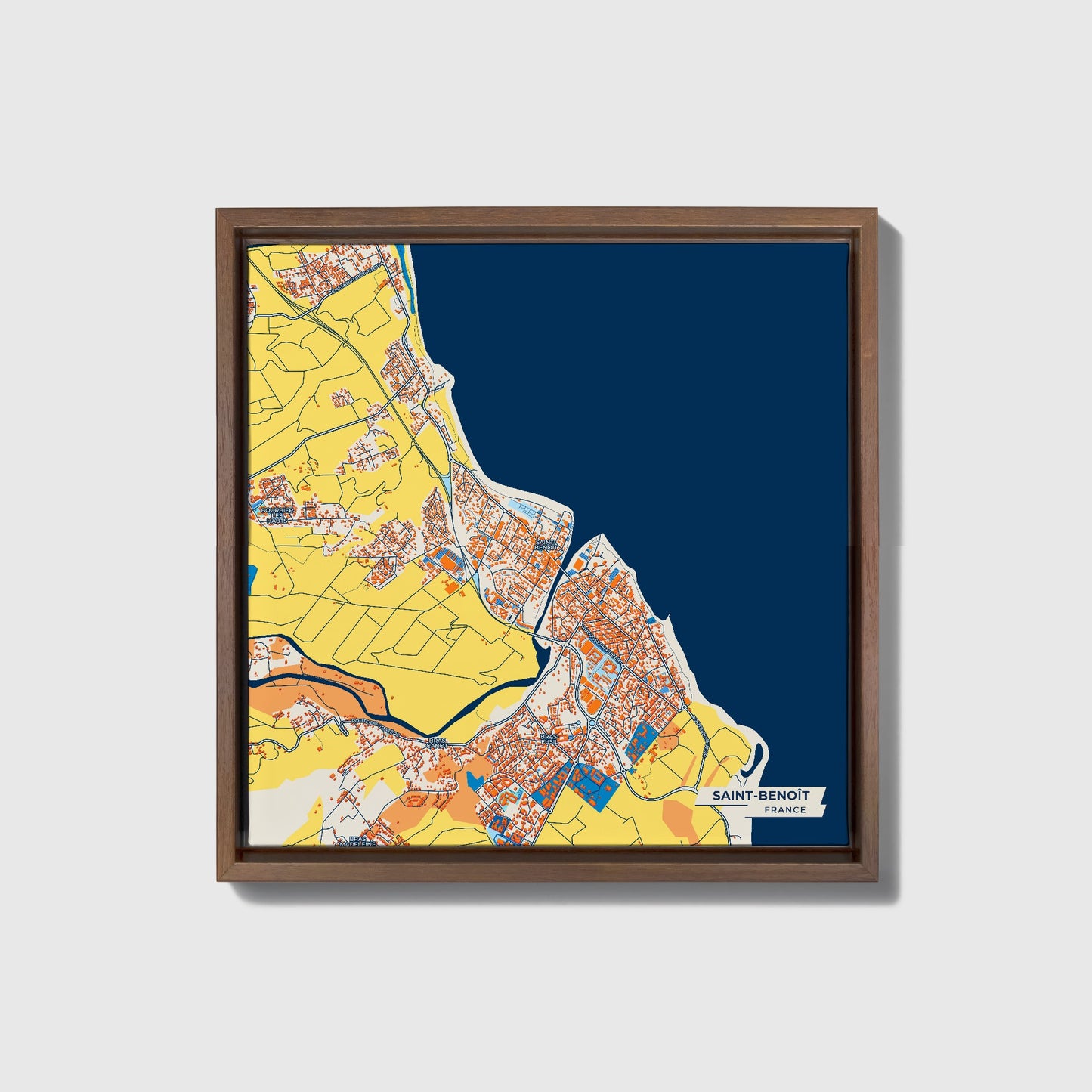 Saint-Benoît France Colorful City Map Canvas Print • Dark Wooden Framed