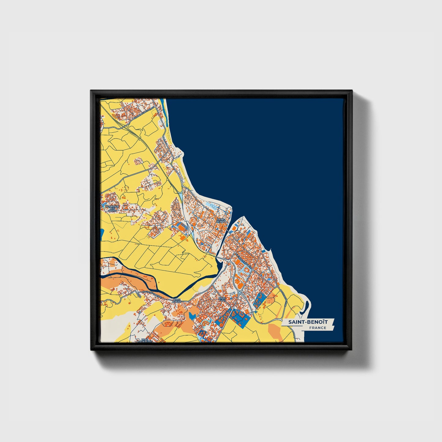 Saint-Benoît France Colorful City Map Canvas Print • Black Framed