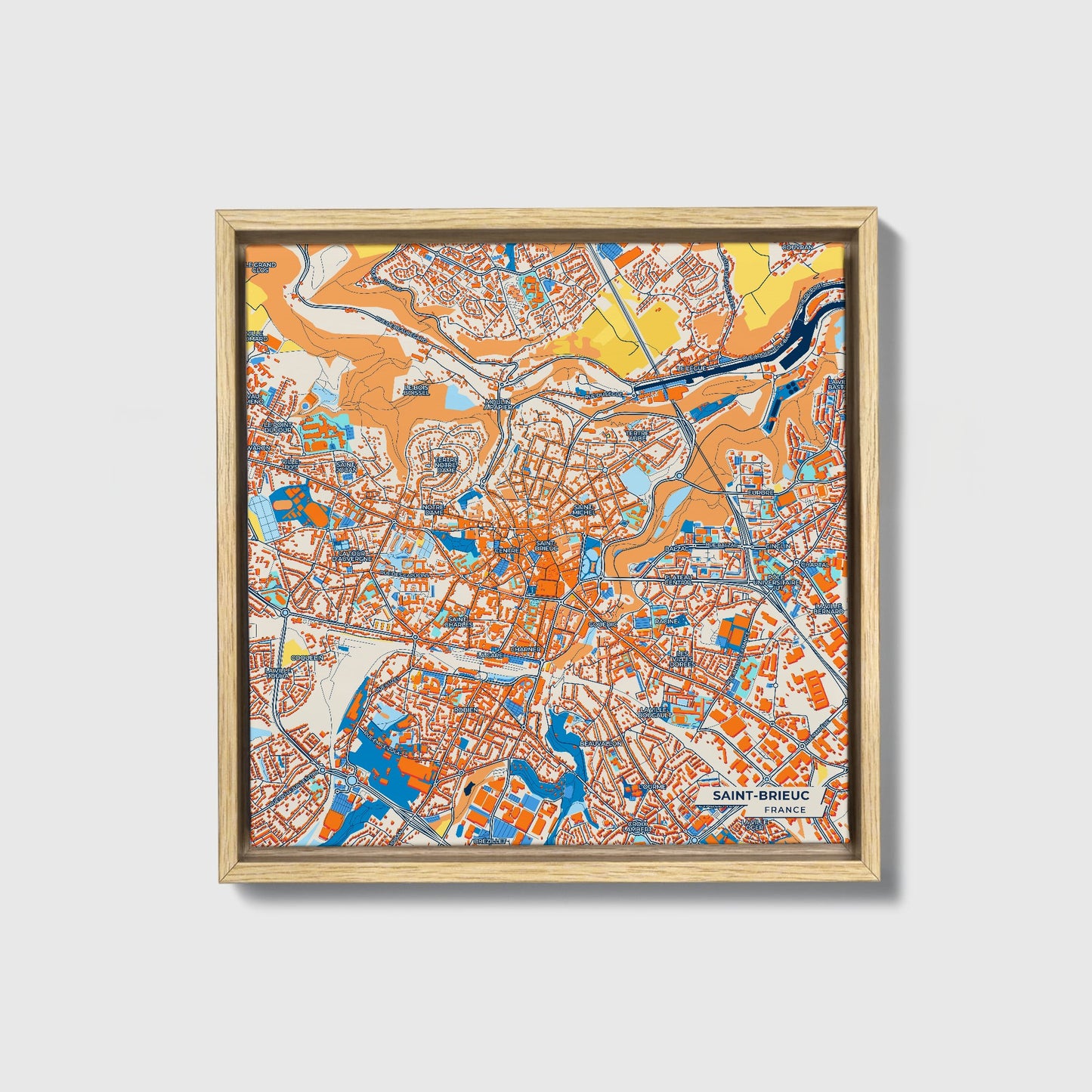 Saint-Brieuc France Colorful City Map Canvas Print • Natural Wooden Framed