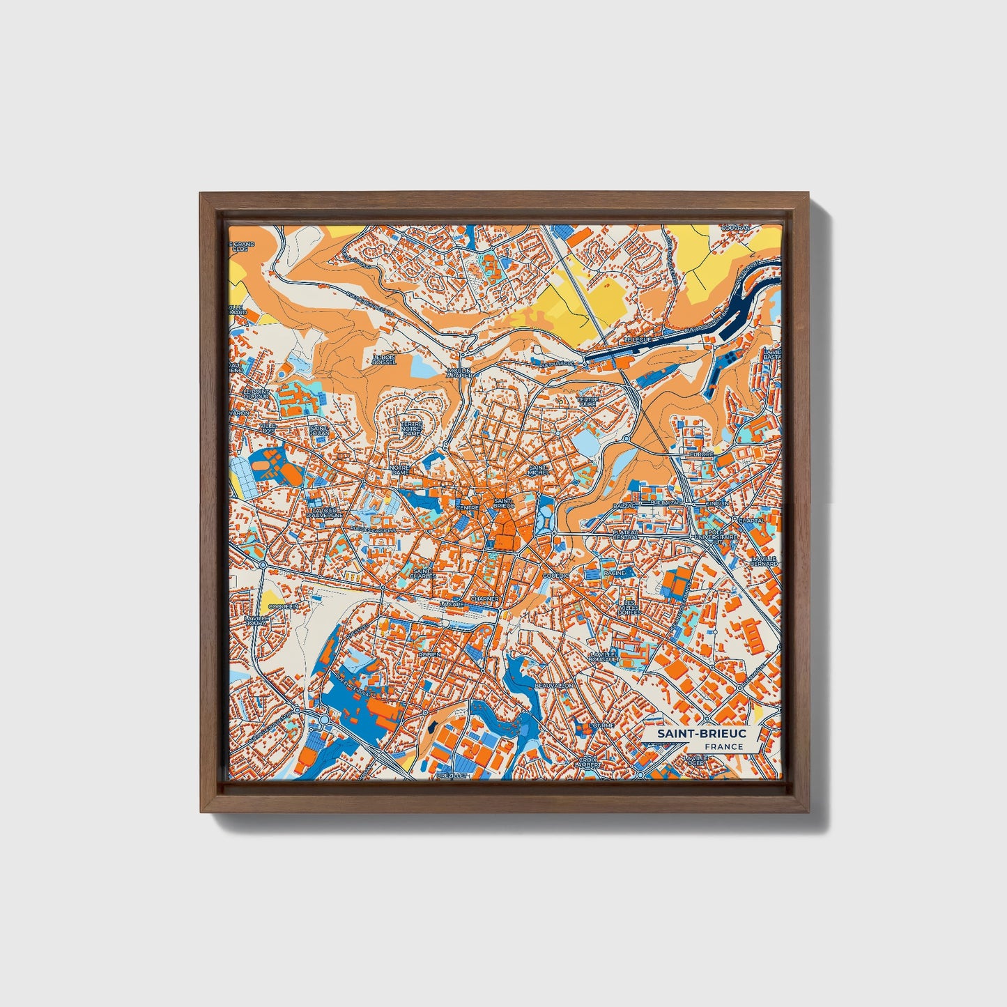 Saint-Brieuc France Colorful City Map Canvas Print • Dark Wooden Framed