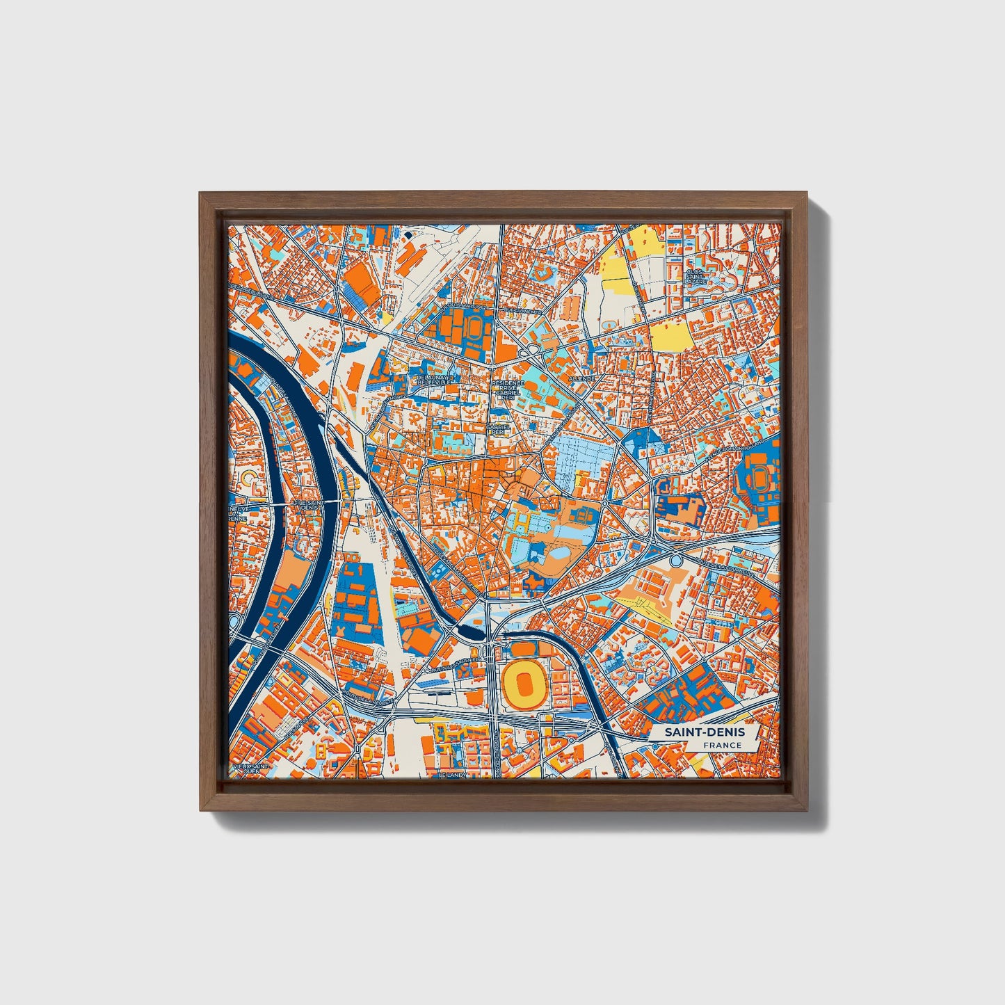 Saint-Denis France Colorful City Map Canvas Print • Dark Wooden Framed
