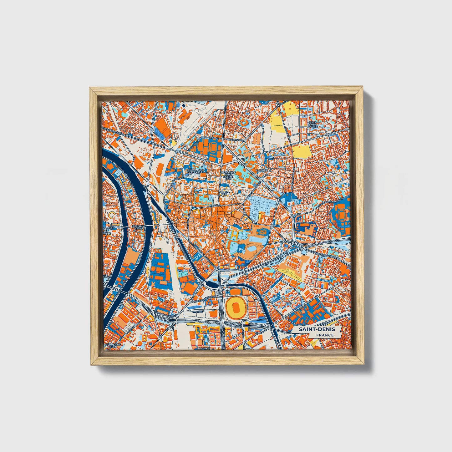 Saint-Denis France Colorful City Map Canvas Print • Natural Wooden Framed