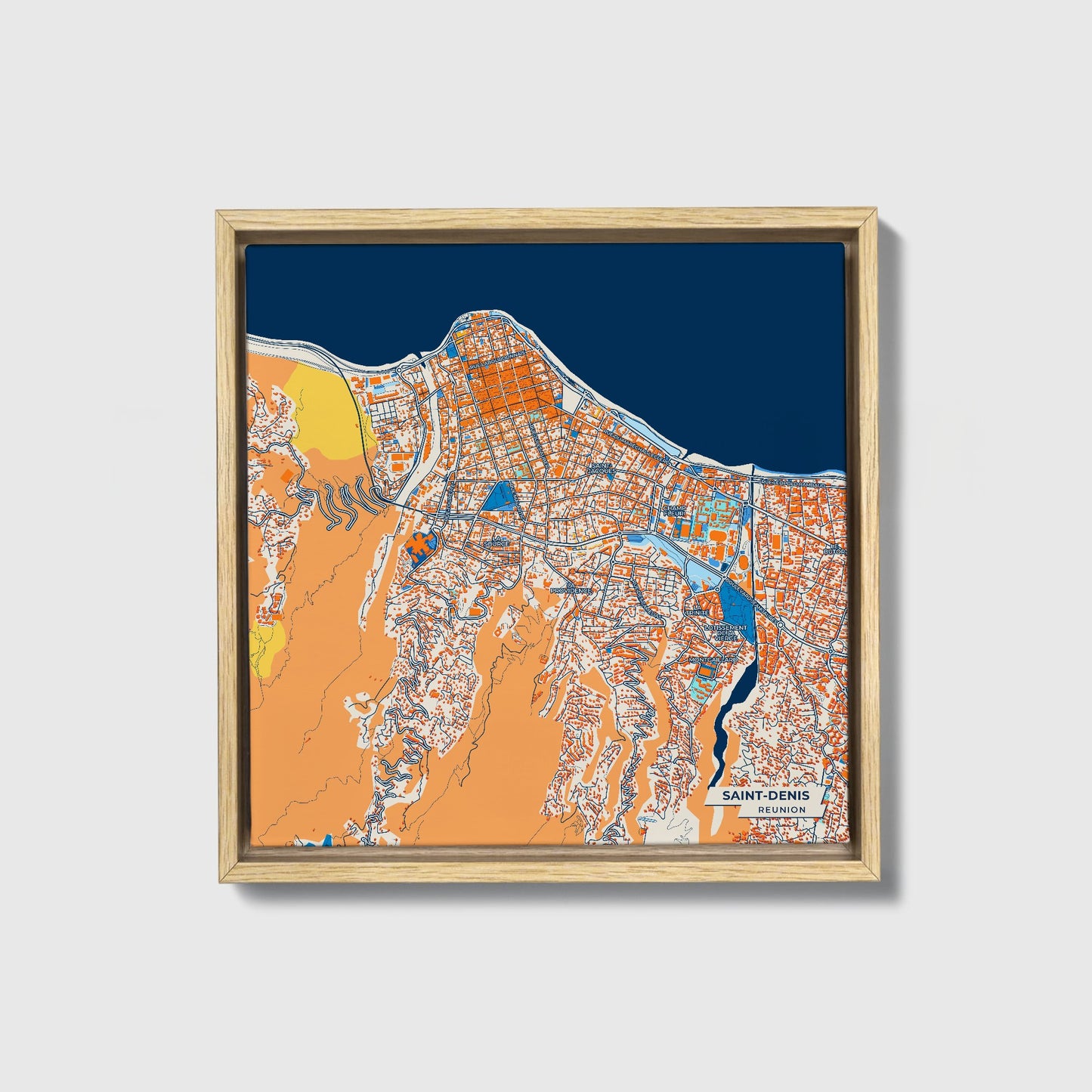 Saint-Denis Reunion Colorful City Map Canvas Print • Natural Wooden Framed