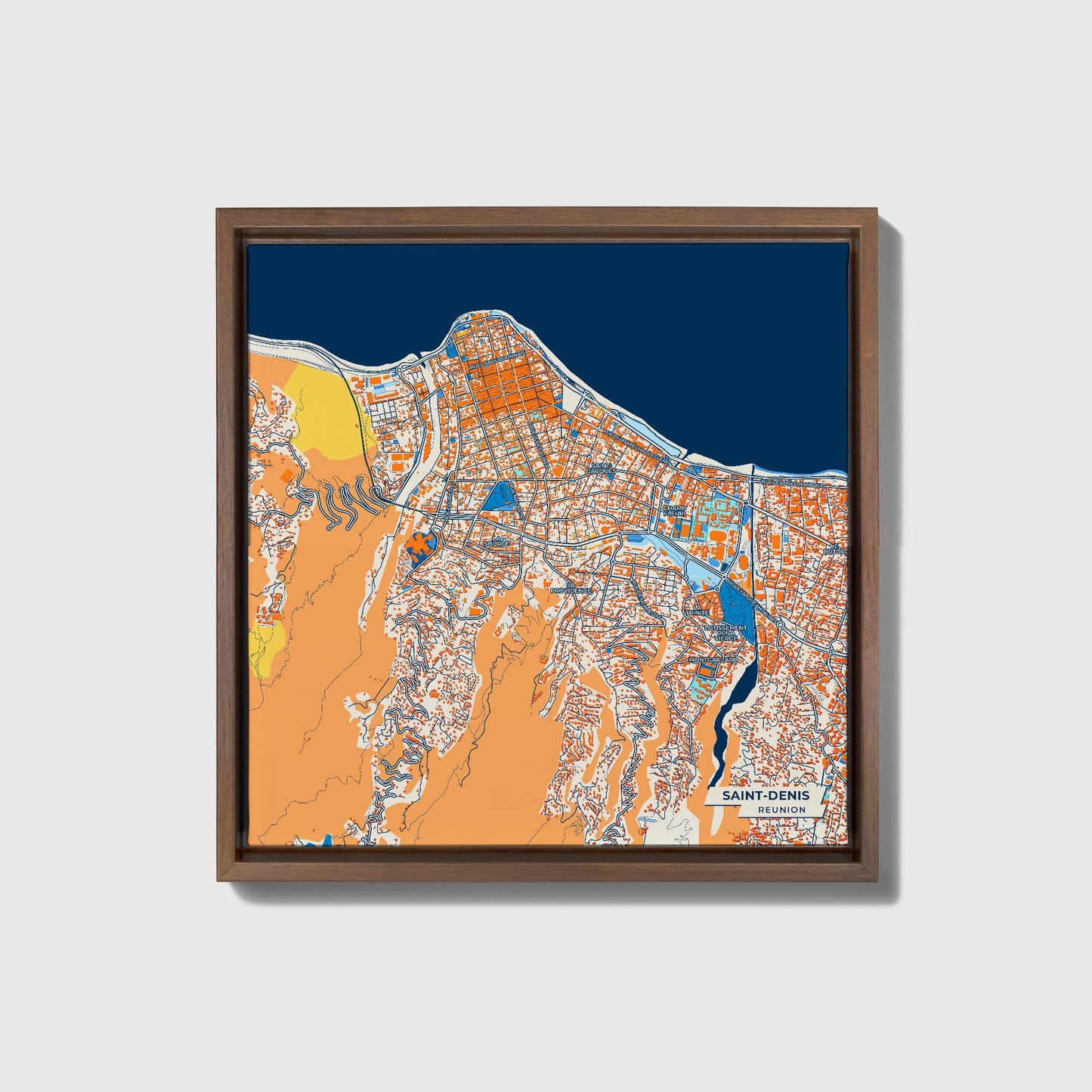 Saint-Denis Reunion Colorful City Map Canvas Print • Dark Wooden Framed