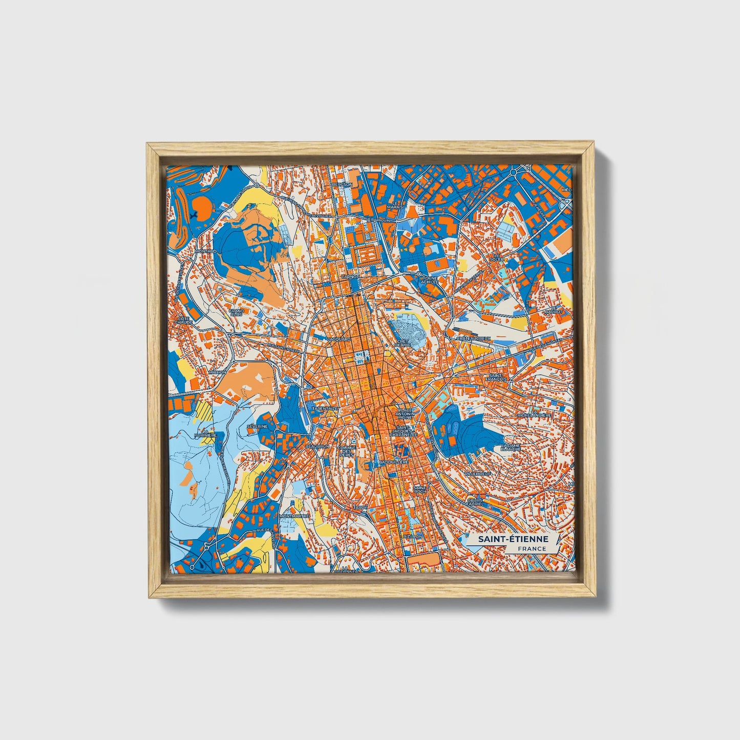 Saint-Étienne France Colorful City Map Canvas Print • Natural Wooden Framed