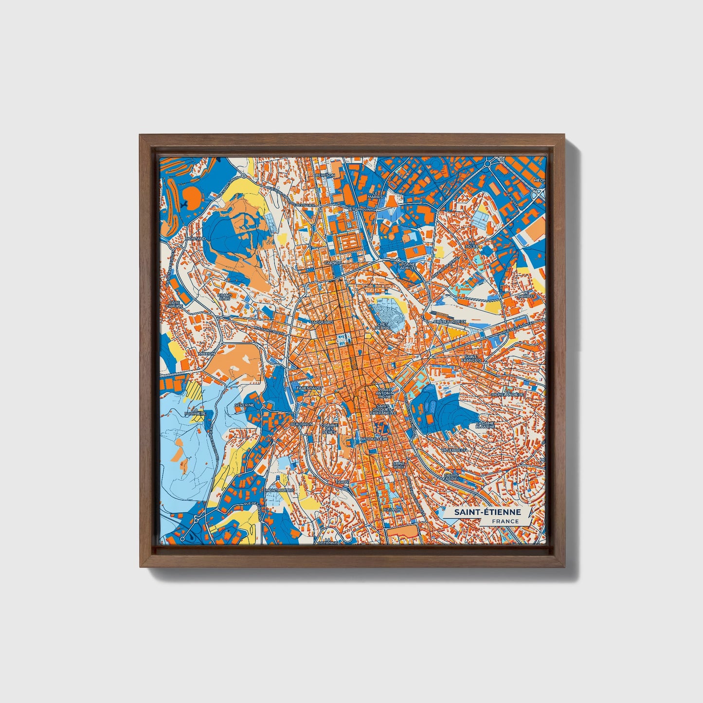 Saint-Étienne France Colorful City Map Canvas Print • Dark Wooden Framed
