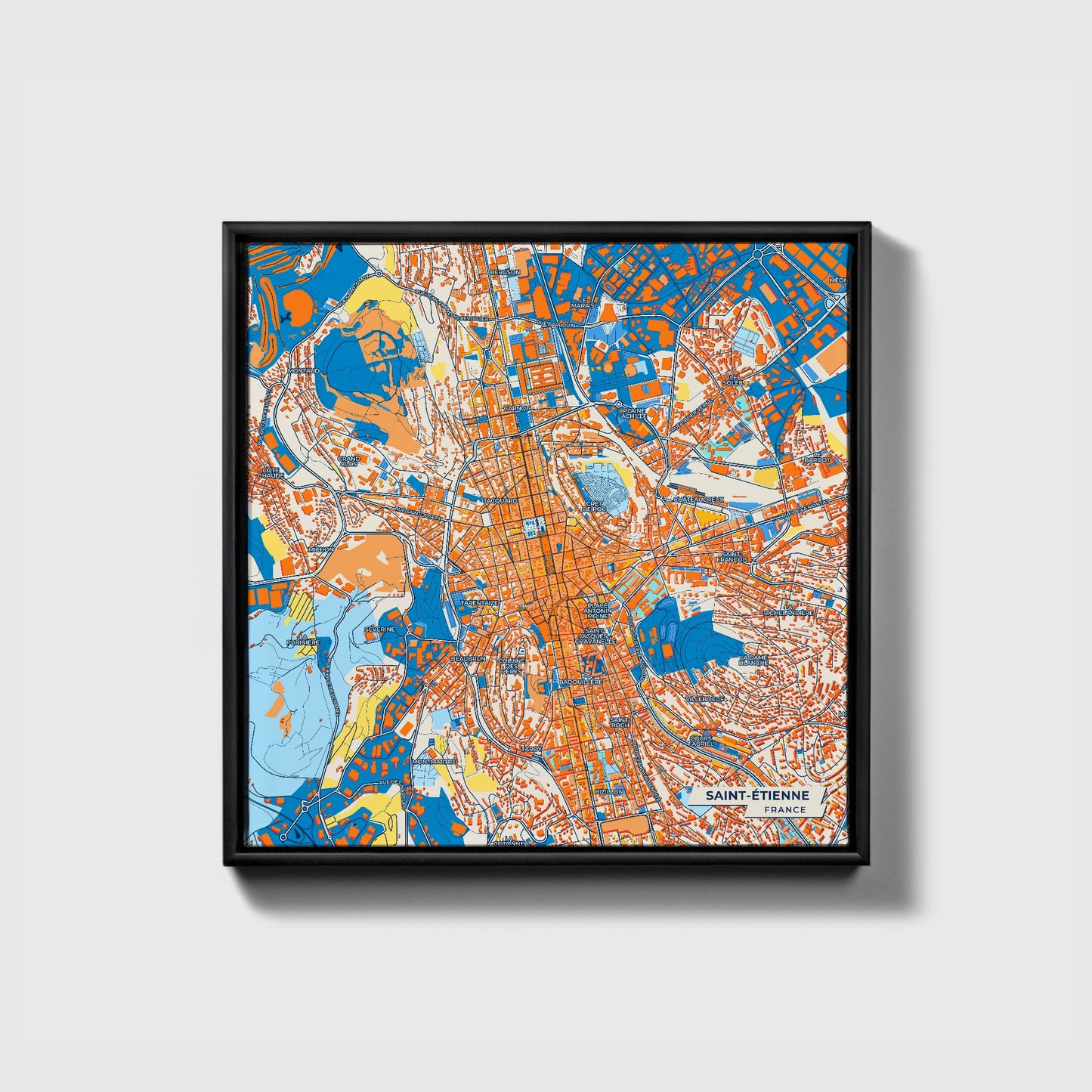 Saint-Étienne France Colorful City Map Canvas Print • Black Framed
