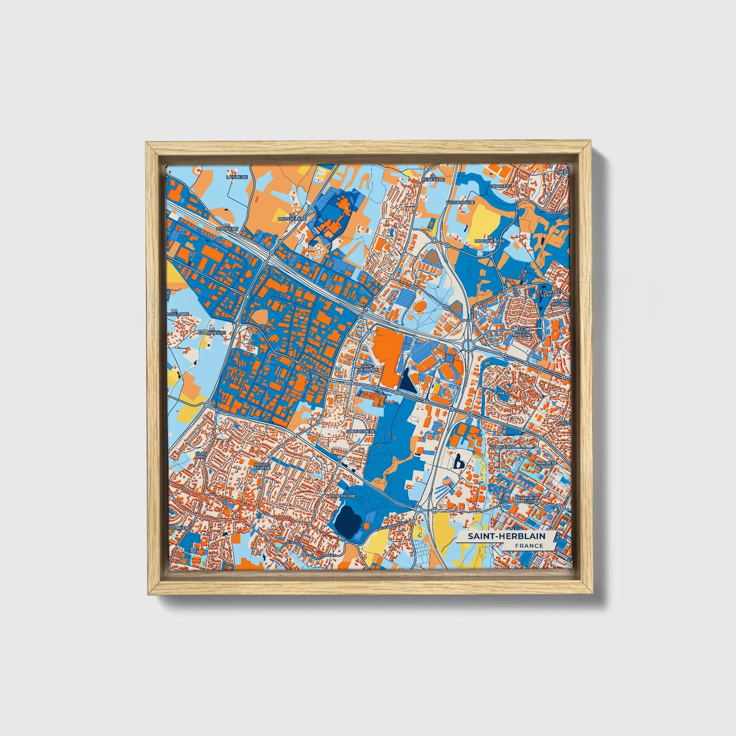 Saint-Herblain France Colorful City Map Canvas Print • Natural Wooden Framed
