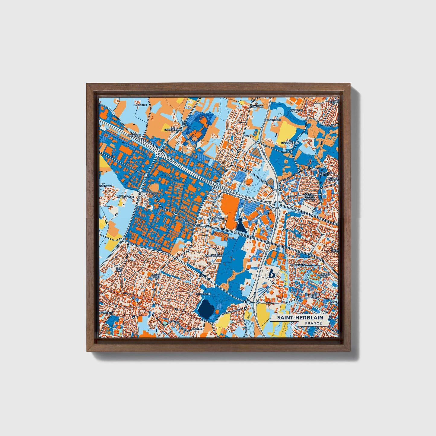 Saint-Herblain France Colorful City Map Canvas Print • Dark Wooden Framed
