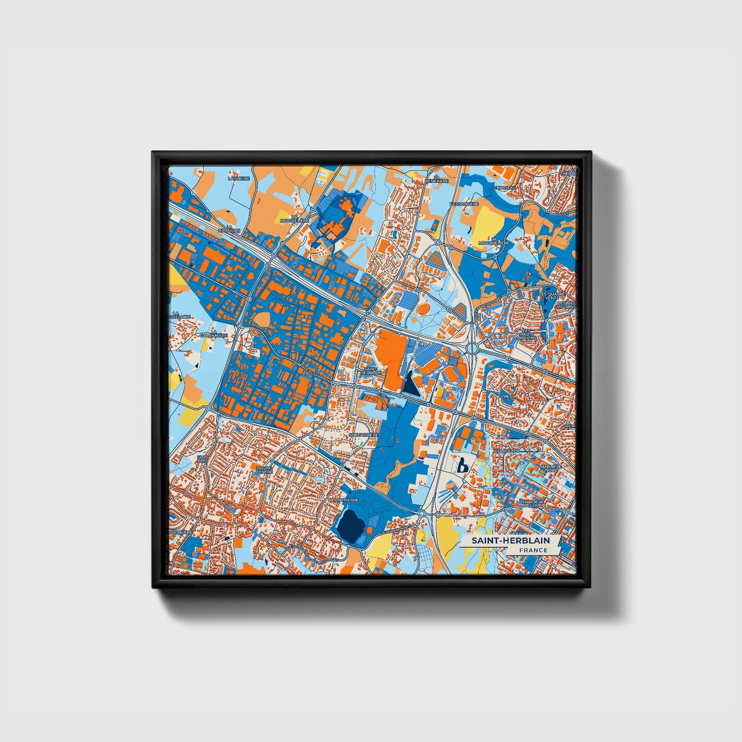 Saint-Herblain France Colorful City Map Canvas Print • Black Framed