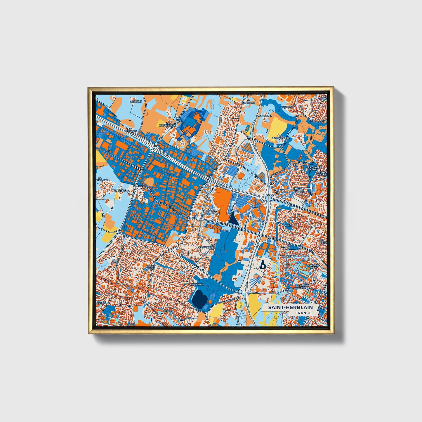 Saint-Herblain France Colorful City Map Canvas Print • Gold Framed