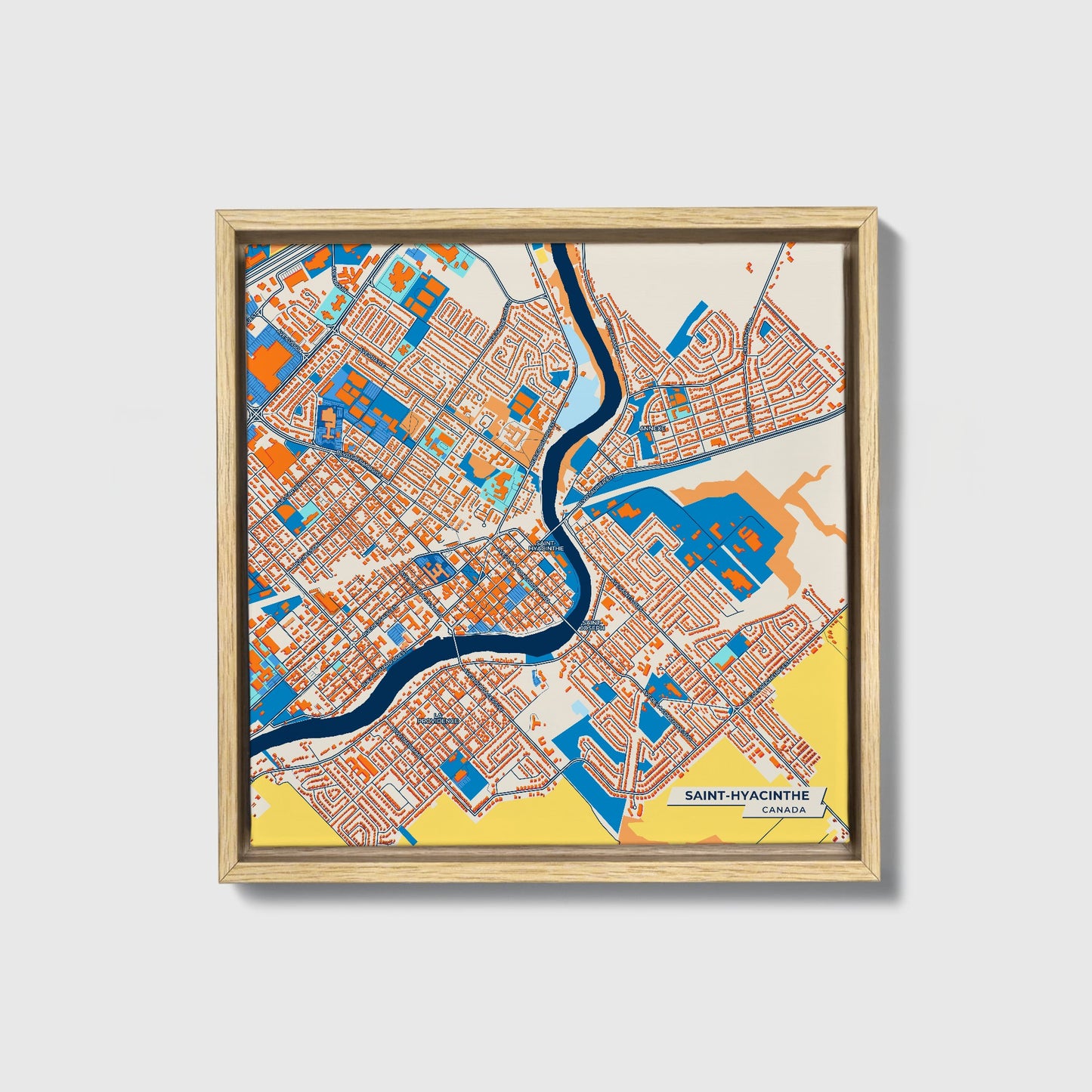 Saint-Hyacinthe Canada Colorful City Map Canvas Print • Natural Wooden Framed