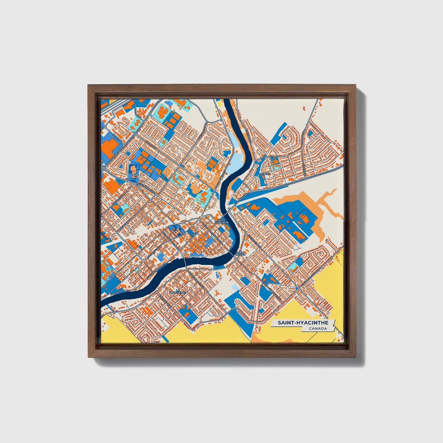 Saint-Hyacinthe Canada Colorful City Map Canvas Print • Dark Wooden Framed