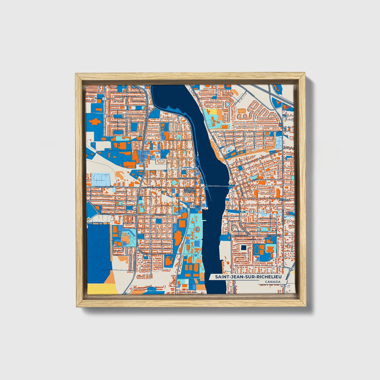 Saint-Jean-Sur-Richelieu Canada Colorful City Map Canvas Print • Natural Wooden Framed