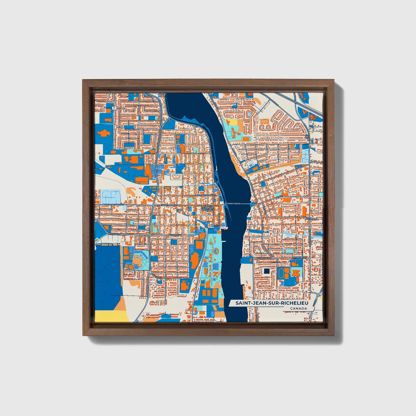 Saint-Jean-Sur-Richelieu Canada Colorful City Map Canvas Print • Dark Wooden Framed