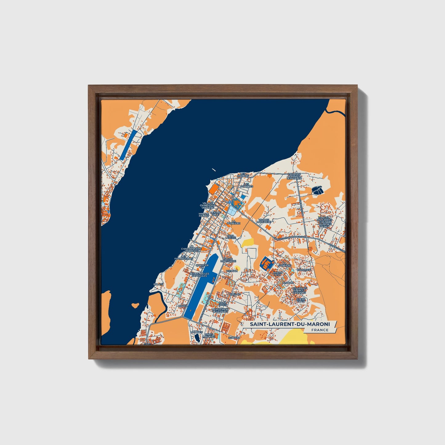 Saint-Laurent-Du-Maroni France Colorful City Map Canvas Print • Dark Wooden Framed