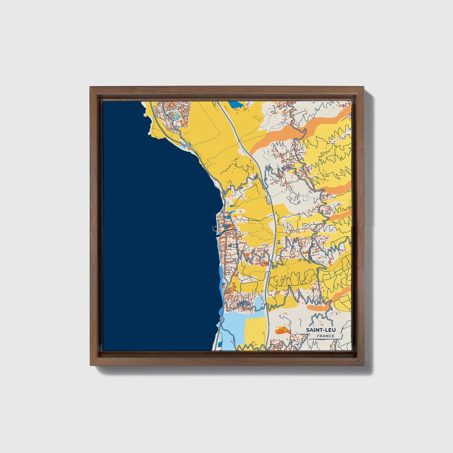 Saint-Leu France Colorful City Map Canvas Print • Dark Wooden Framed