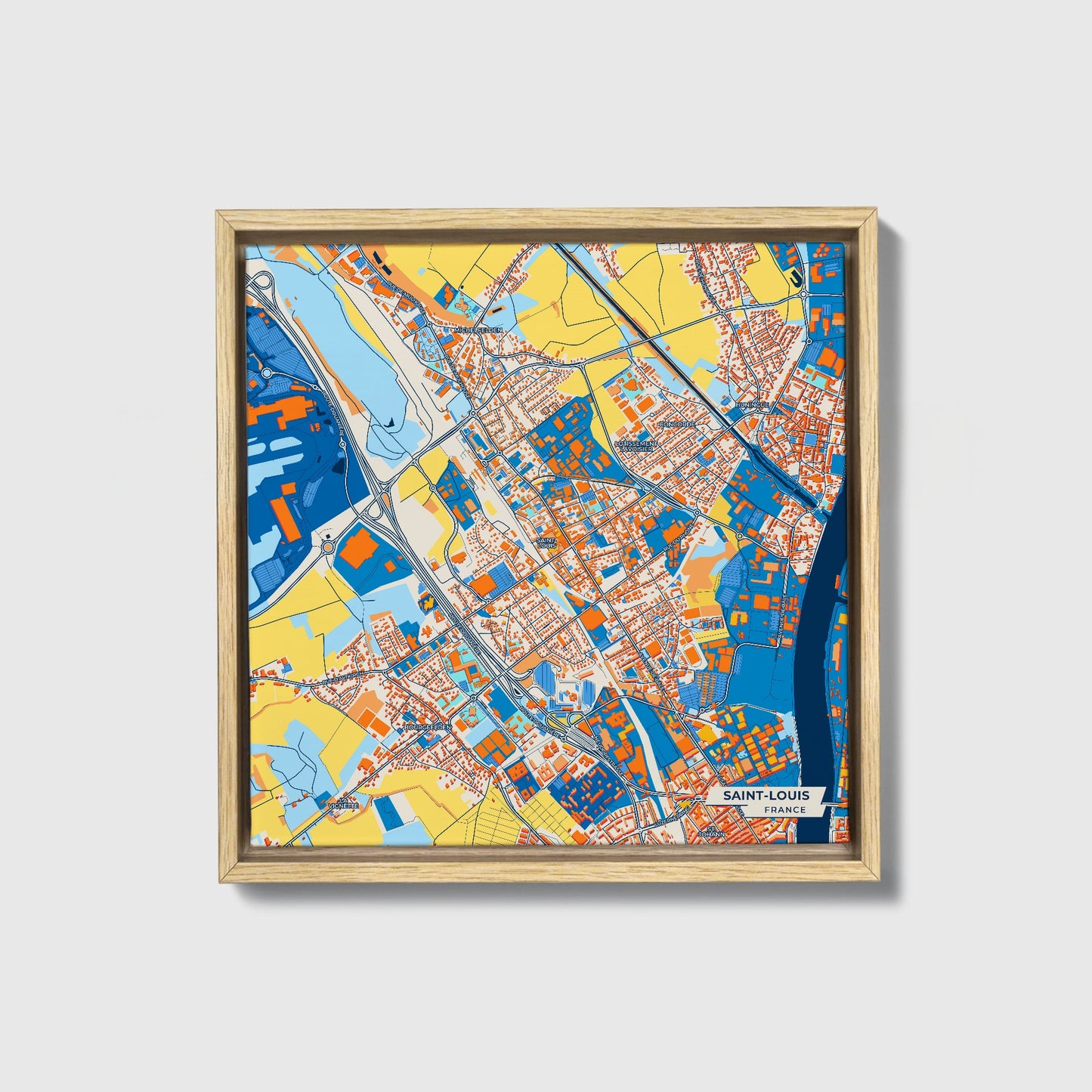 Saint-Louis France Colorful City Map Canvas Print • Natural Wooden Framed